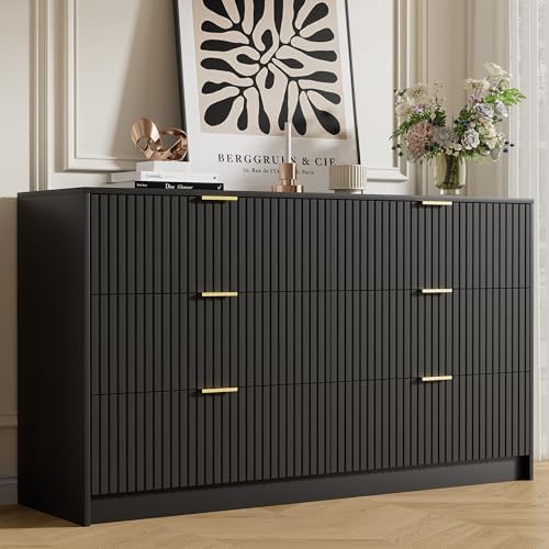 Furniway Black Dresser for Bedroom, Modern Dresser with 6 Drawers and Smooth Slides, Wide Chest of Drawers with Golden Handles for Bedroom, Living Room, Closet, 15.7" D x 55.1" W x 31.4" H by Furniway