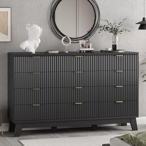 Xixini Fluted Dresser for Bedroom with 12 Drawers, 57" Wide Modern Chest of Drawers with Metal Handle, Wooden Dresser TV Stand, Wood Closet Clothes Storage Organizer for Living Room, Hallway, Black by Xixini