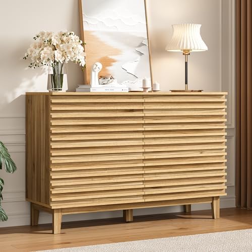 Wood 6 Drawer Dresser, Modern Wood Slat Double Dresser for Bedroom, 47.2" Wide Storage Chest with Deep Drawers, Mid Century Fluted Wooden Cabinet for Bedroom, Living Room by Lamohome