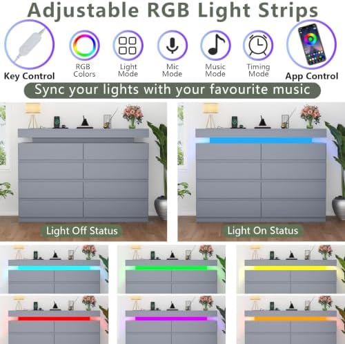 Gyfimoie 8 Drawer Dresser with Power Outlet, Modern Dresser with LED Light - Image 4