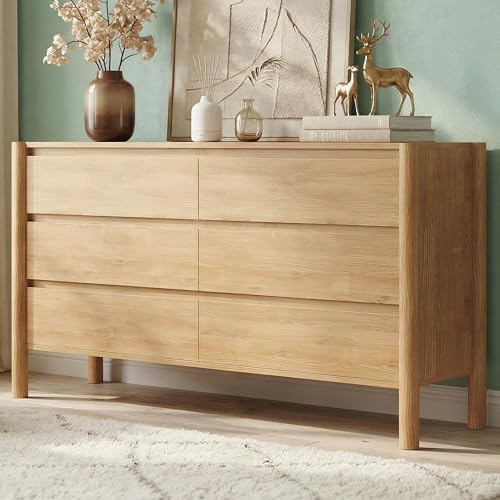 CHUWELL 47.2" Wide Oak 6 Drawer Dresser for Bedroom with Solid Wood Legs by CHUWELLStorageCabinet