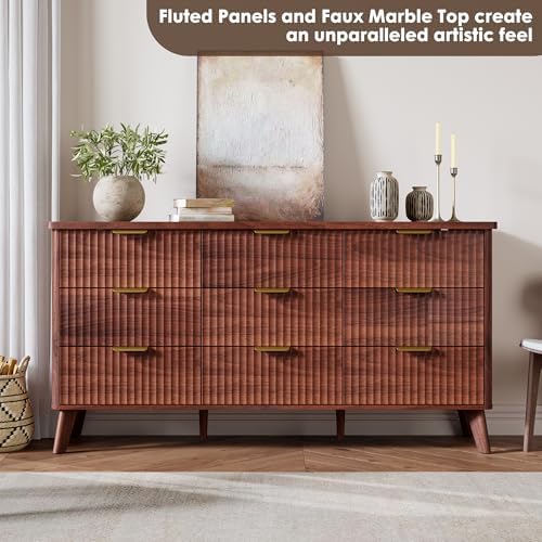 GarveeHome Fluted Dresser for Bedroom with 9 Deep Drawers, Walnut - Image 4