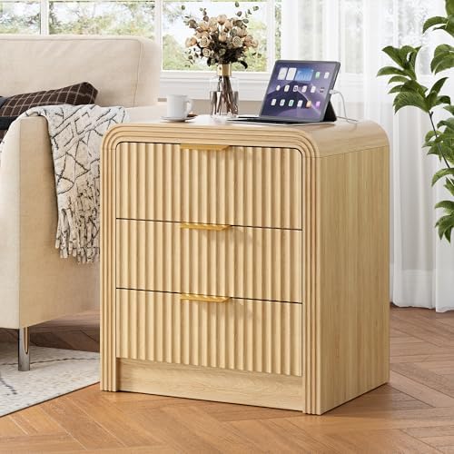 Decofy Fluted 3-Drawer Nightstand with Charging Station,Natural Oak by Decofy