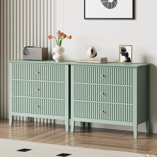 RoyalCraft 32" Large Nightstand Set of 2, Fluted Painted Wood Bedside Table with 3 Spacious Drawers, Modern End Table for Bedroom, Living Room, Light Green by Bringyoubetterlife