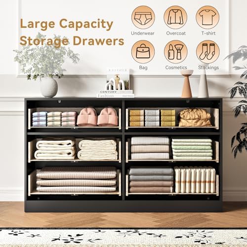 6 Drawers Fluted Dresser for Bedroom, 55" Wide Wooden Dresser with Deep Drawers, Large Floor Chest of Drawers, Modern Long TV Stand, Storage Cabinet Side Table, Black - Image 4