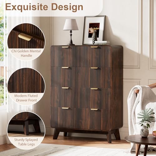 QUW Fluted 5 Drawers Dresser for Bedroom, Modern 40.2" Tall Drawer Dressers with Metal Handle, Wooden Chest of Dresser for Living Room, Hallway, Solid Wood Legs, Curved Profile Design, Dark Walnut - Image 5