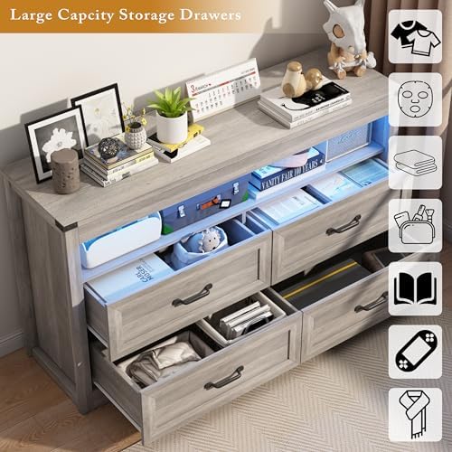 Wodeer Grey Dresser for Bedroom, Wooden 4 Drawer Dresser with LED Light, Dressers & Chests of Drawers with Metal Handles, Storage and Organization for Bedroom, Hallway, Entryway, Gray - Image 6