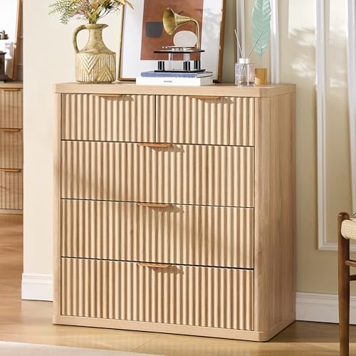 LEYAOYAO Fluted 5 Drawers Dresser for Bedroom Set of 2, 34" Tall Modern Chest of Drawers with Metal Handle, Curved Profile Design,Natural Wood Drawer Organizer for Bedroom,Living Room,Hallway,Natural - Image 3