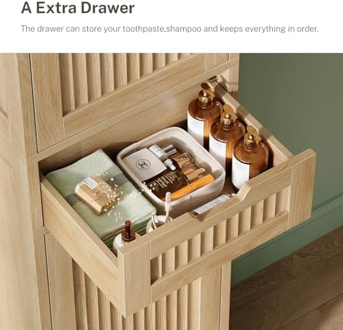 Iwell Tall Narrow Storage Cabinet with 1 Drawer and 2 Doors, Fluted Cabinet with Adjustable Shelves, Rattan Kitchen Cabinet for Bathroom, Living Room, Kitchen, Natural Oak - Image 5