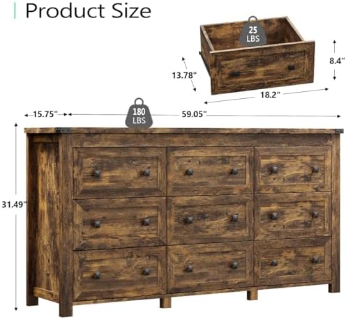 Xixini 59.1" Wide 9-Drawer Farmhouse Dresser for Bedroom, Brown - Image 3