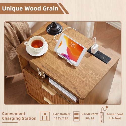 LEYAOYAO Fluted Nightstand Set of 2 with Charging Station,23" Modern Nightstand with Woodgrain Top, 2 Drawer End Table w/Storage, BedsideTables for Bedroom, Living Room, Curved Profile,Brown - Image 5