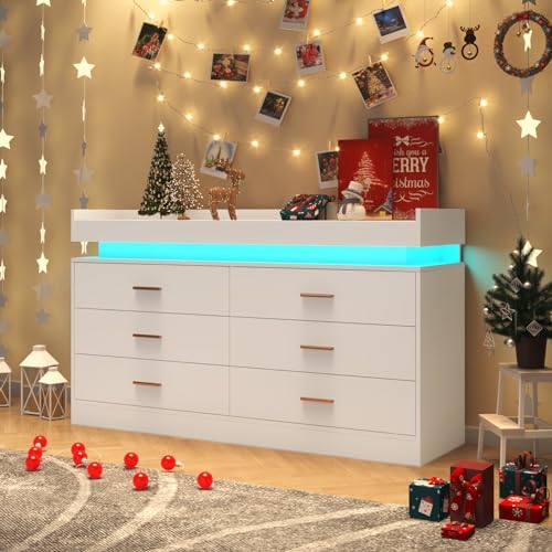 Hlivelood 6 Drawer Dresser with LED Light and Charging Station, Modern Chest of Drawers for Closet, Wide Drawer Organizer Cabinet for Bedroom, Living Room, Entryway, Hallway(6 Drawer White) - Image 6