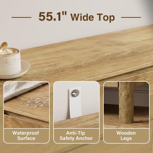 55.1" Wide 6 Drawer Wood Dresser for Bedroom with Legs, Natural Oak - Image 3