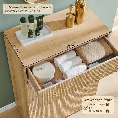Fluted 5 Drawers Dresser for Bedroom, 45" Tall Modern Dressers & Chest of Drawers with Metal Handle, Wood Closet Clothes Storage Organizer,Storage Dressers Organizer for Hally/Living Room, Natural - Image 3