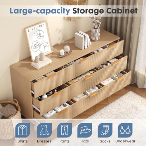 DUMOS Fluted 9 Drawer Dresser for Bedroom, 57.1" Wide Modern Chest of Drawers with Gold Metal Handles, Wooden Dresser TV Stand, Storage Organizer Unit for Living Room, Hallway, Natural Oak - Image 4