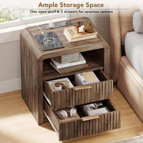Decofy Fluted 2-Drawer Nightstand with Charging Station, Walnut - Image 4