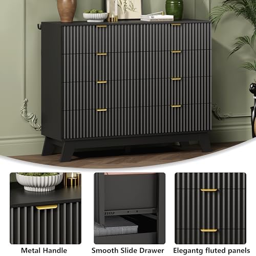 Wodeer 8 Drawer Fluted Dresser for Bedroom, Mid Century Modern Dresser with 8 Drawers, Dressers & Chests of Drawers with Metal Handle, TV Stand & Storage Organizer for Entryway, Hallway, Black - Image 5
