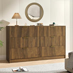 Walnut Dresser with 6 Drawer 55" Wide Fluted Dresser for Bedroom丨Modern Chest of Drawer with Metal Handles, Wood TV Stand for Bedroom, Living Room, Entryway, Hallway, Walnut by NOVAMAISON