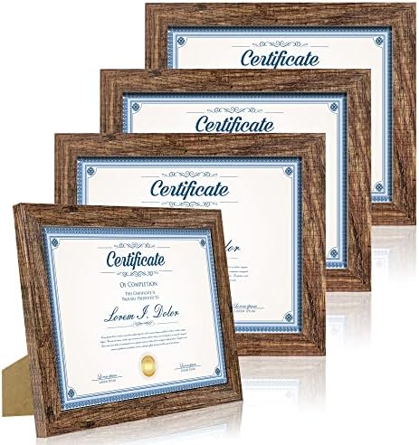 Hongkee 8.5 x 11 Picture Frame Set of 4, Made of Real Glass and Brown Certificate & Diploma Frame, 8.5 by 11 Photo for Wall or Tabletop - Display Picture 6x8 with Mat or 8.5x11 Without Mat by Hongkee