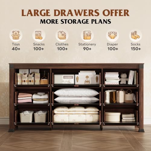 WLIVE Brown Dresser for Bedroom, 9 Drawer Wooden Chest of Drawers with SGS-Tested Anti-Tip Design, 62 Inch Wide Rustic Dresser TV Stand for Living Room, Hallway and Closet, Large Storage Cabinet - Image 4