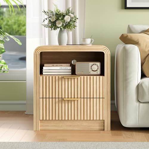 Decofy Fluted Nightstand Set of 2 with Charging Station, 2 Drawers, Oak - Image 6