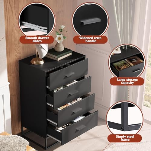 WLIVE Black Dresser for Bedroom with 4 Drawers, Tall Dresser with Sturdy Metal Frame, Wood Chest of Drawers for Closet, Living Room, Hallway - Image 6