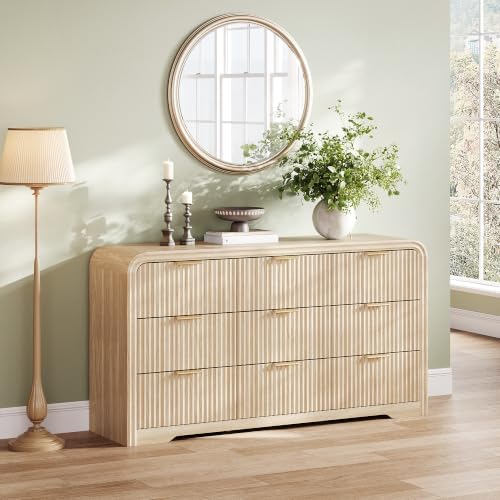 LINSY HOME 9-Drawer Fluted Dresser for Bedroom, Light Oak, Mid Century by LINSYHOME