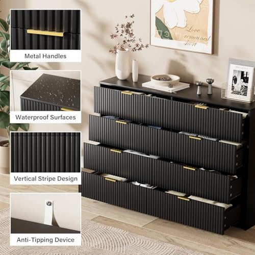 Furniway Black Dresser for Bedroom, Modern Dresser with 8 Drawers and Smooth Slides, Wide Chest of Drawers with Golden Handles for Bedroom, Closet, 15.7" D x 55" W x 37.4" H - Image 3