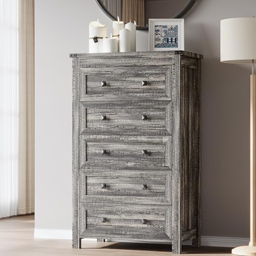 BORNOON Tall 5-Drawer Dresser, Modern Wooden Storage Chest of Drawers, Dresser TV Stand, Wood Drawer Organizer with Metal Handles for Bedroom, Living Room, Hallway by BORNOON