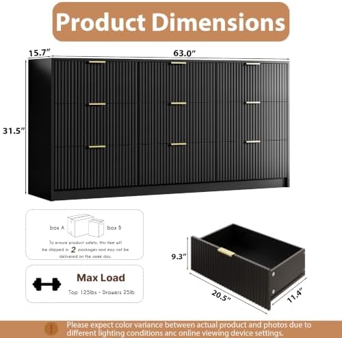 MAISONARIA Black 9 Drawer Dresser for Bedroom, 63" Wide Modern Fluted Dresser with Gold Metal Handles, Chest of Drawers for Bedroom, Living Room, Entryway, Hallway - Image 2