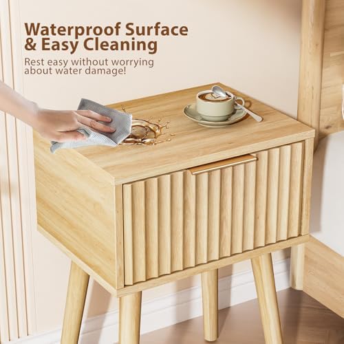 VINGLI Night Stand, Fluted Nightstand Wood, Mid Century Modern Nightstand for Bedroom, Bedside Table, Wood Side Table, Small Night Stand Oak, 15.75" W*11.81" D*21.85" H - Image 7