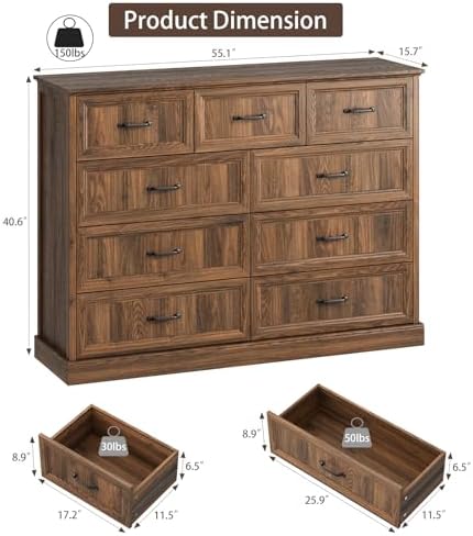 Farmhouse 9 Drawer Dresser for Bedroom, 55" Walnut Dresser with TV Stand - Image 2