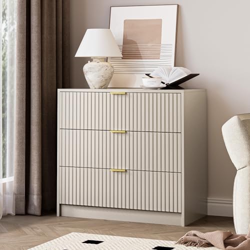 MAISONARIA Fluted Dresser for Bedroom, 32 Inch Wide Nightstand with Large Drawer, 3 Drawer End Table for Bedroom, Living Rooms, Offices, and Entryways, Beige - Image 7