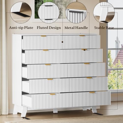 BORNOON 46" Tall Dresser for Bedroom, 10-Drawer Fluted Chest of Drawers, Modern Wood Highboy with Metal Slides and Handles, Anti-Tip Kit, Vertical Clothes Storage Organizer for Apartment, Closet - Image 4