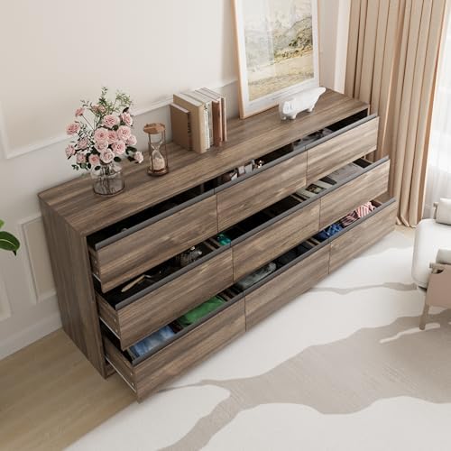 Bobve 70.9” Dresser for Bedroom with 9 Drawers, Large Modern Chest of Drawers Handle Free, Long Wooden Dressers Storage Organizer, Wide Double Dresser for Bedroom, Living Room, Hallway (Walnut) - Image 3