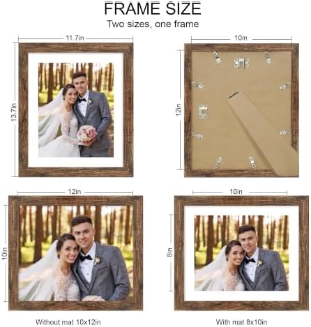 Hongkee 10x12 Picture Frame Set of 4, Made of Real Glass and Rustic Brown Frame - Display Picture 8x10 with Mat or 10x12 Without Mat, 10 by 12 Photo for Wall Mounting - Image 2