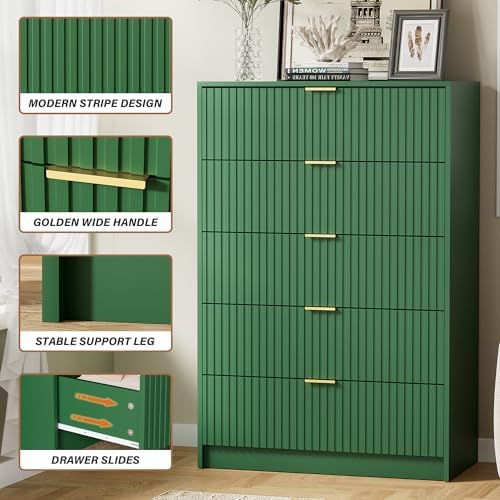 Furniway Green Dresser for Bedroom, Modern Dresser with 5 Drawers and Smooth Slides, Wide Chest of Drawers with Golden Handles for Bedroom, Living Room, Closet, 15.7" D x 31.5" W x 47.2" H - Image 3