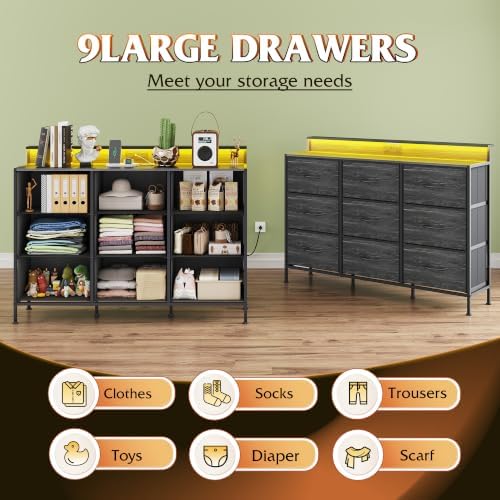 WLIVE Bedroom Dresser TV Stand 9 Drawers, Fabric Chest LED Lights, Charcoal - Image 5
