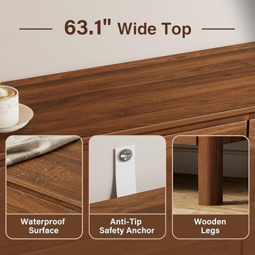 Furniway 63" Mid-Century Modern Dresser for Bedroom, 9 Drawer Wide Chest of Drawers with Wood Legs, Large Storage Bedroom Dresser, Walnut - Image 4
