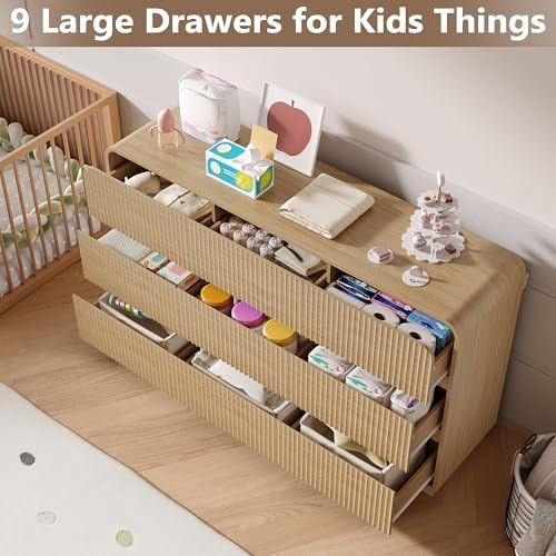 BORNOON Dresser for Bedroom with 9 Drawers, Fluted Chest of Drawers with Round Curved Corner, Hidden Handles, Modern Wood Storage Organizer for Bedroom, Nursery, Living Room - Image 3