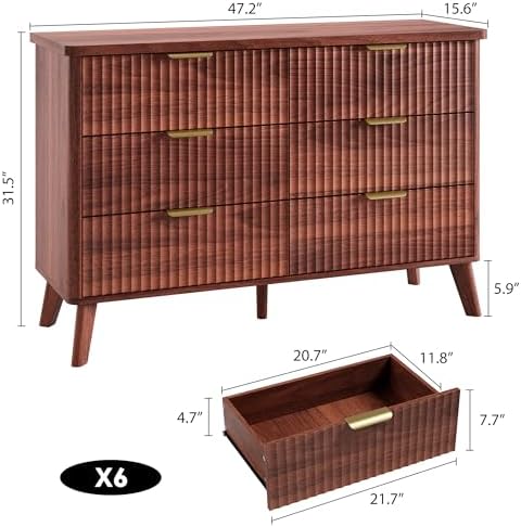 GarveeHome Fluted Dresser for Bedroom with 6 Deep Drawers, Walnut - Image 2