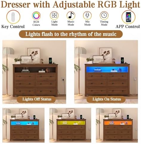 Wodeer Dresser 6 Drawer Dressers for Bedroom with LED Lights, Charging Station, Wood Chest of Drawers with Metal Handles, Modern TV Stand Storage Cabinet for Living Room, Hallway, Entryway, Walnut - Image 4