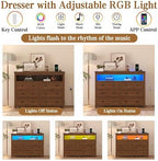 Wodeer Dresser 6 Drawer Dressers for Bedroom with LED Lights, Charging Station, Wood Chest of Drawers with Metal Handles, Modern TV Stand Storage Cabinet for Living Room, Hallway, Entryway, Walnut - Image 4