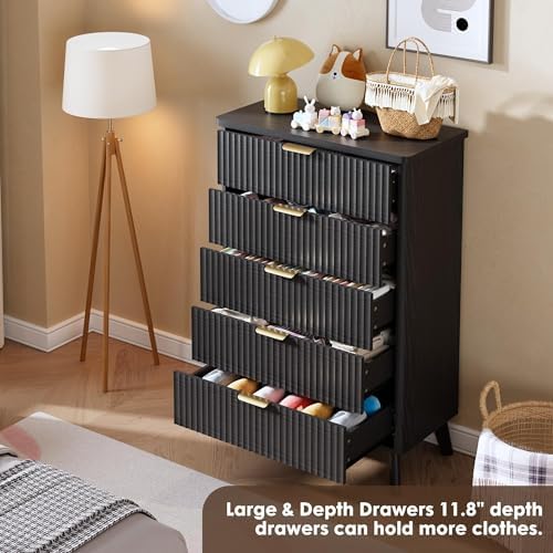 GarveeHome Fluted Dresser for Bedroom with 5 Deep Drawers, Black - Image 5
