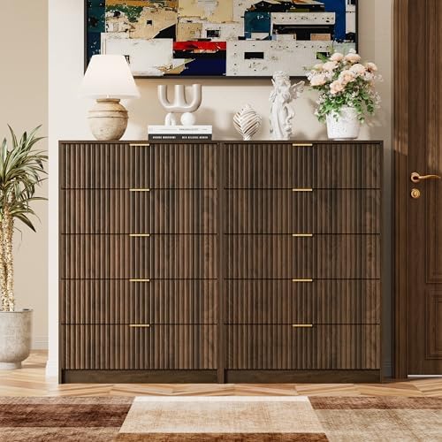 Furniway Walnut Dresser for Bedroom, Tall Dresser with 5 Drawers and Smooth Slides, Modern Chest of Drawers with Golden Handles for Bedroom, Living Room, Closet, 15.7" D x 31.5" W x 47.2" H - Image 6