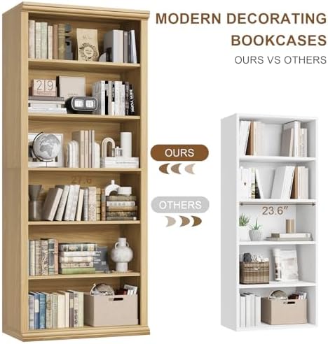 Rresyet Bookcase and Bookshelves, 28" W Tall Bookshelf, Natural Oak - Image 6