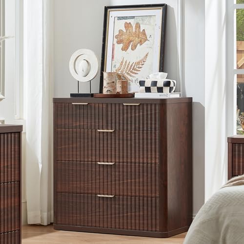 LEYAOYAO Fluted 5 Drawers Dresser for Bedroom Set of 2, 34" Tall Modern Chest of Drawers with Metal Handle, Curved Profile Design,Walnut Wood Drawer Organizer for Bedroom, Living Room, Hallway - Image 4