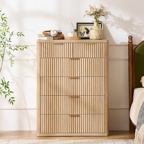 LEYAOYAO Farmhouse Fluted 6 Drawers Dresser for Bedroom, 42" Tall Modern Chest of Drawers with Curved Profile Design & Metal Handle,Natural Wood Drawer Organizer for Bedroom - Image 4