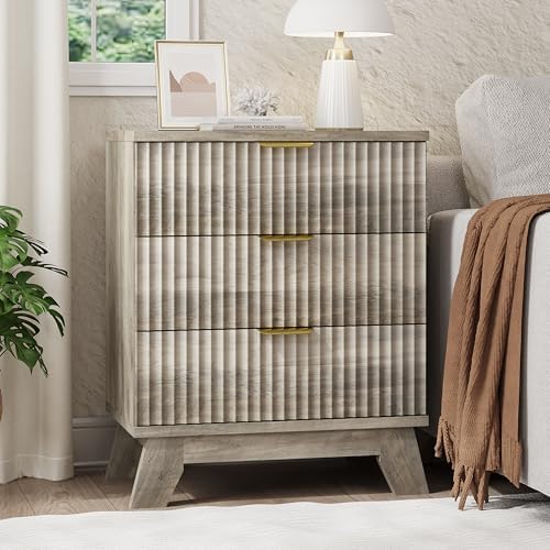 Xixini Fluted Nightstand with 3 Drawers, 24" Wide Side Table, Grey - Image 3