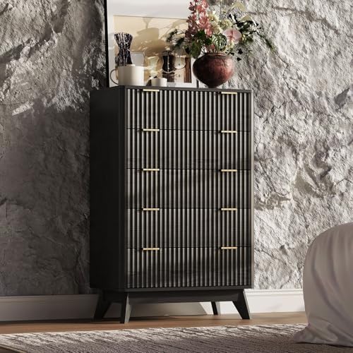 43" Hight Fluted 5 Drawers Dresser for Bedroom,Curved Edge,Black - Image 3